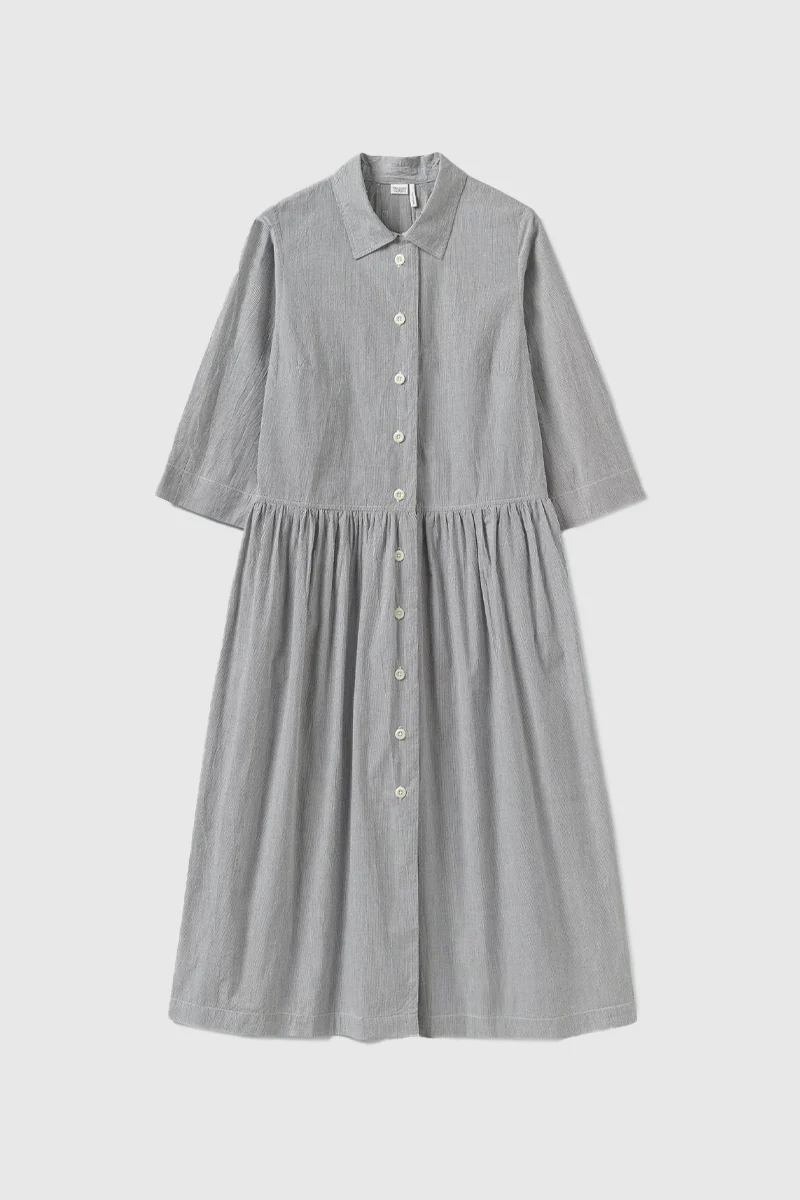 Fine Stripe Cotton Shirt Dress - Ecru / Slate - Image 2