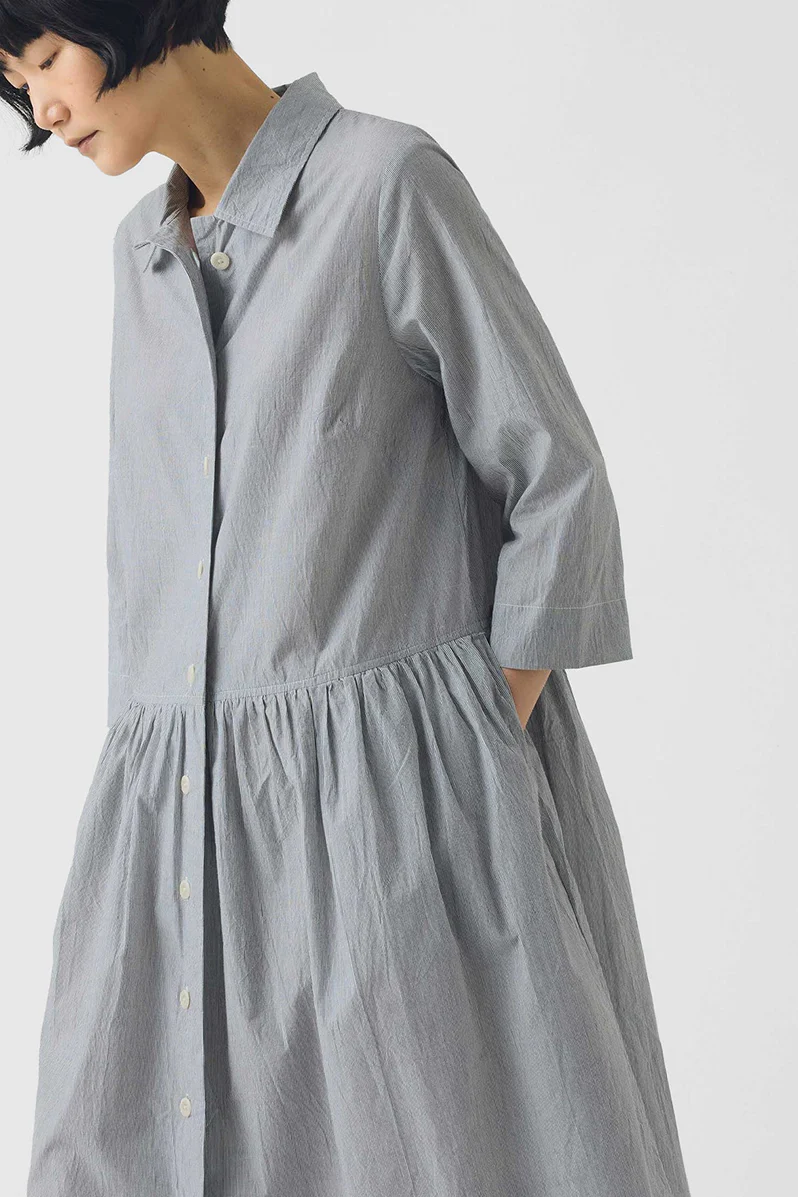 Fine Stripe Cotton Shirt Dress - Ecru / Slate - Image 3