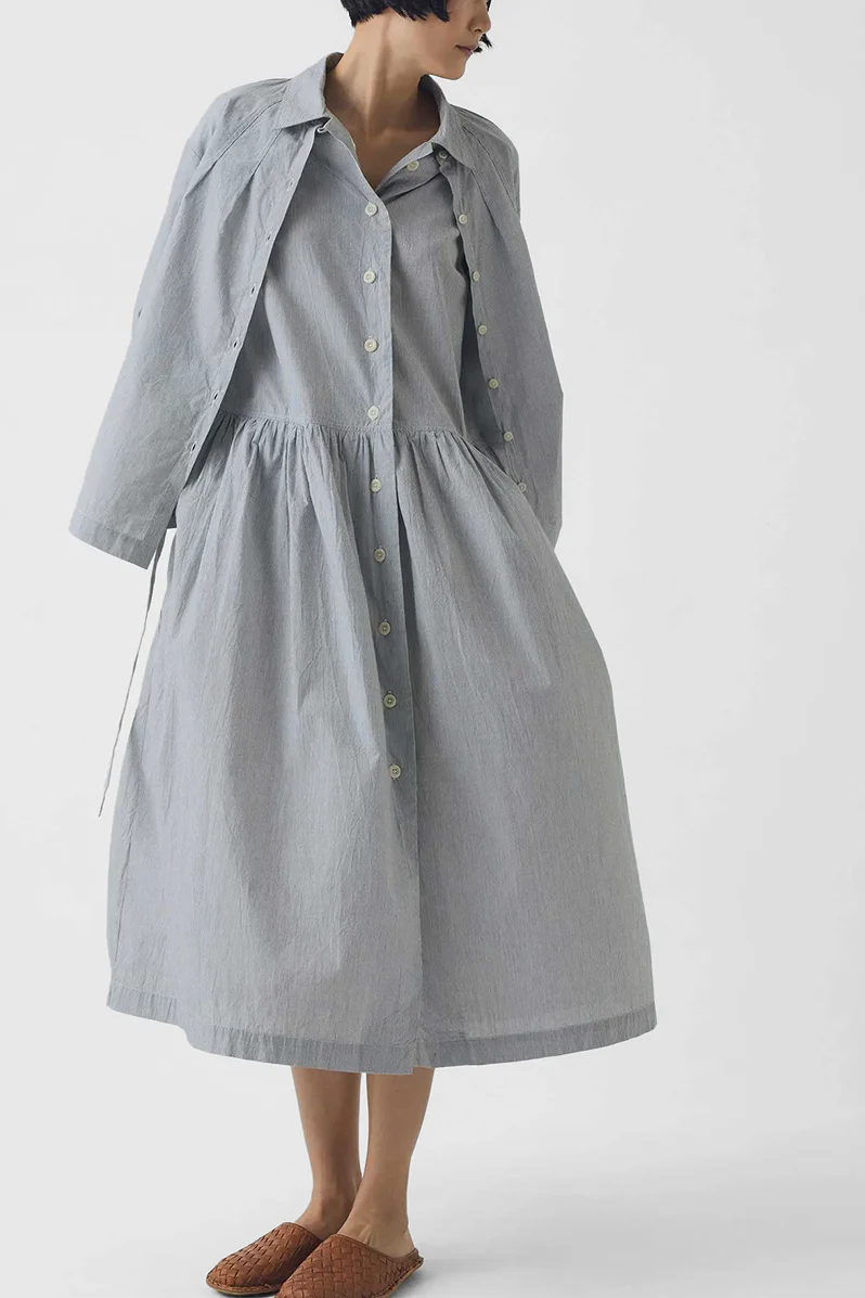 Fine Stripe Cotton Shirt Dress - Ecru / Slate - Image 5