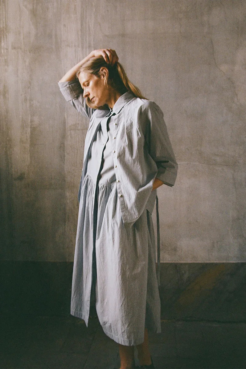 Fine Stripe Cotton Shirt Dress - Ecru / Slate - Image 6