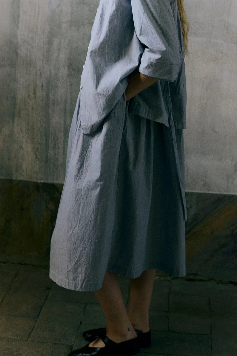 Fine Stripe Cotton Shirt Dress - Ecru / Slate - Image 7