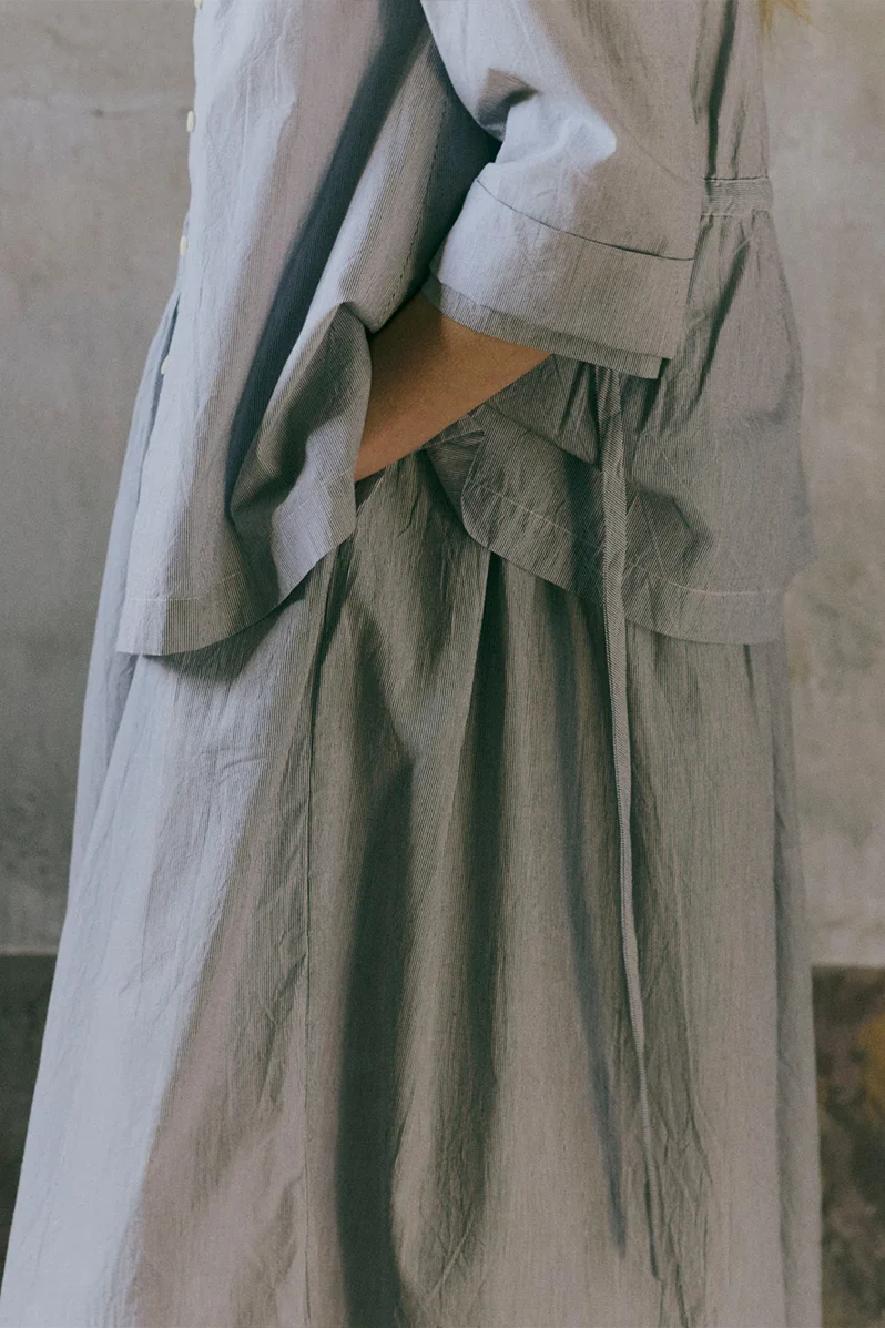 Fine Stripe Cotton Shirt Dress - Ecru / Slate - Image 8