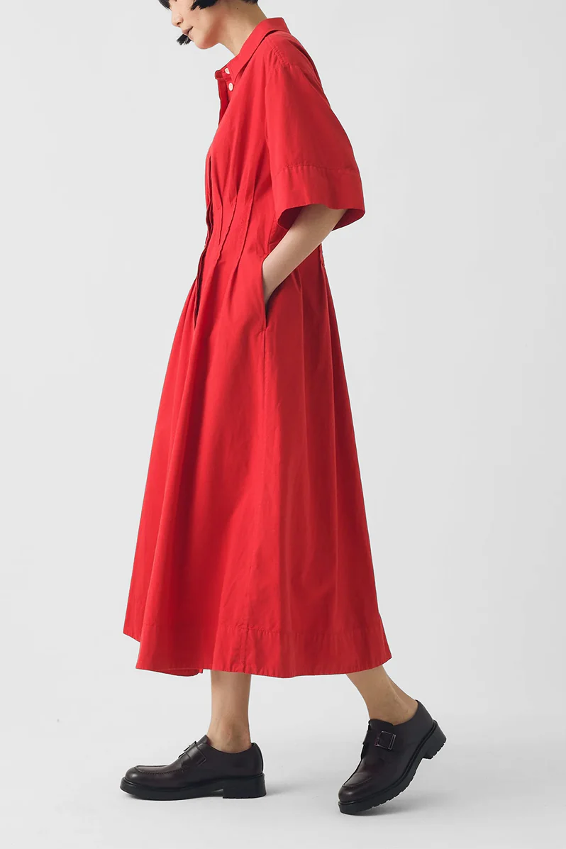 Pleated Cotton Linen Dress - Cardinal Red - Image 3