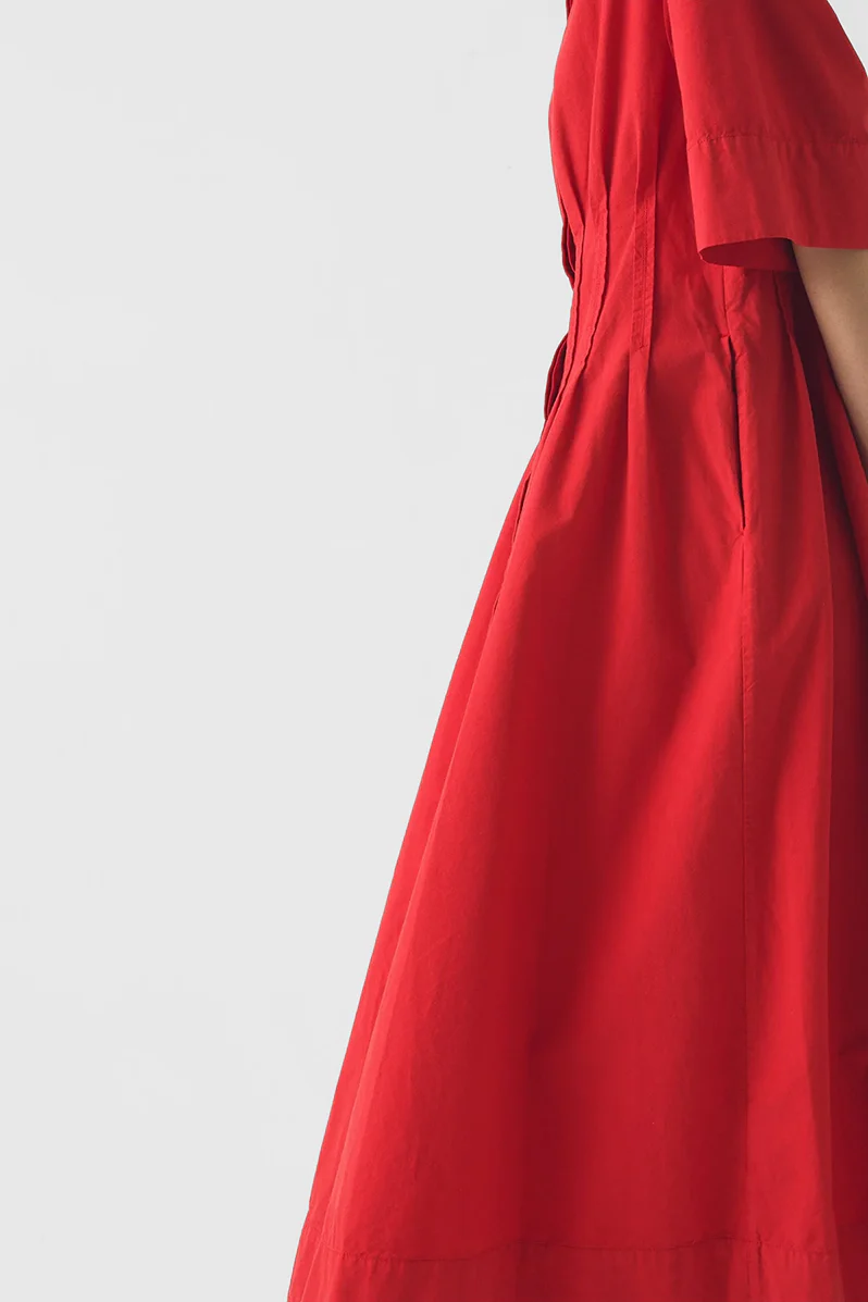 Pleated Cotton Linen Dress - Cardinal Red - Image 4