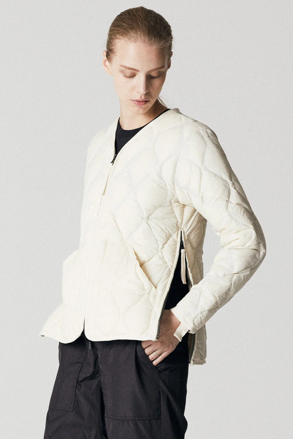 Soft Shell Military V-Neck W-Zip Down Jacket - Off White - Image 3
