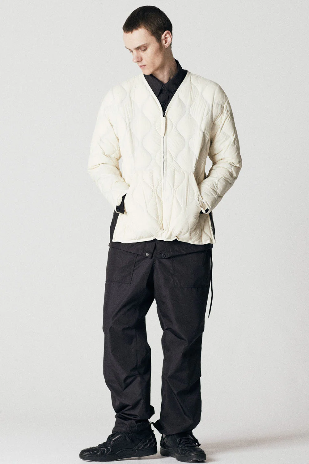 Soft Shell Military V-Neck W-Zip Down Jacket - Off White - Image 4